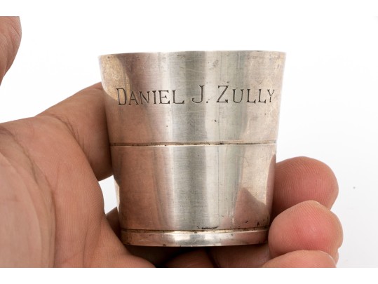Vintage Presentation Sterling Silver And Silver Coin Shot Glass  2.385 Troy Ozs.