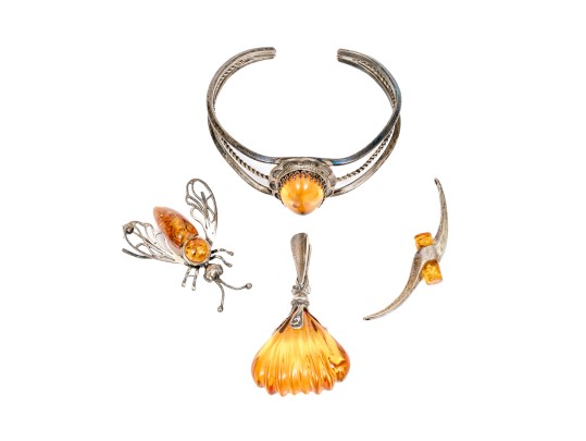 Assorted Lot Of Sterling And 800 Silver Amber Jewelry Pieces, Including A Cuff Bracelet