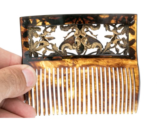 Vintage Gold Wash Metal Decorated Faux Tortoise Shell Hair Comb