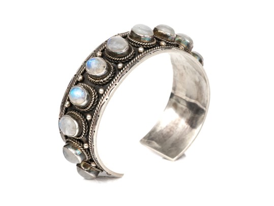Sterling Silver Fabulous Chunky Cabachon Rainbow Moonstone Studded Cuff Bracelet