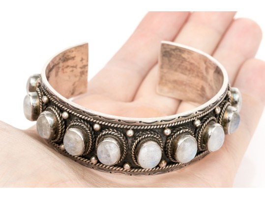 Sterling Silver Fabulous Chunky Cabachon Rainbow Moonstone Studded Cuff Bracelet