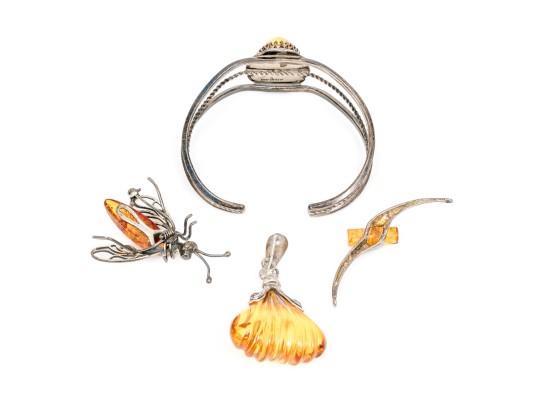 Assorted Lot Of Sterling And 800 Silver Amber Jewelry Pieces, Including A Cuff Bracelet