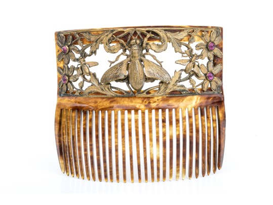 Vintage Gold Wash Metal Decorated Faux Tortoise Shell Hair Comb