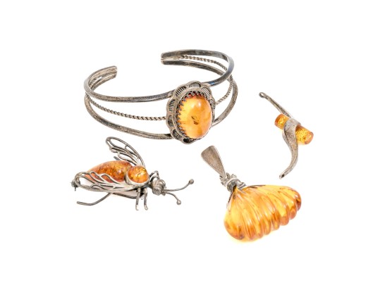Assorted Lot Of Sterling And 800 Silver Amber Jewelry Pieces, Including A Cuff Bracelet