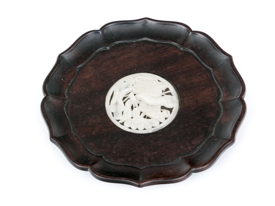 Chinese Carved Tea Tray With Central Carved Jade Or Hardstone Medallion, 20th C. 