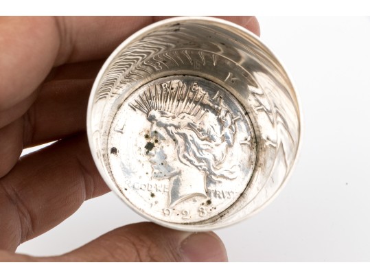 Vintage Presentation Sterling Silver And Silver Coin Shot Glass  2.385 Troy Ozs.