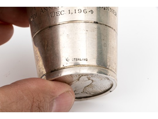 Vintage Presentation Sterling Silver And Silver Coin Shot Glass  2.385 Troy Ozs.
