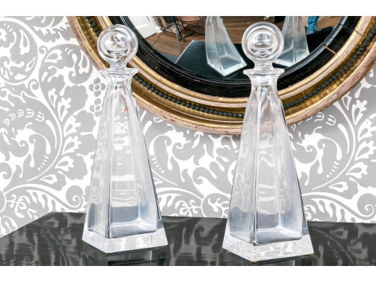 Pair Of Italian Colle Pyramidal Form Crystal Decanters With Stoppers