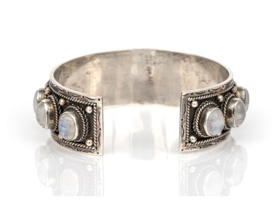 Sterling Silver Fabulous Chunky Cabachon Rainbow Moonstone Studded Cuff Bracelet