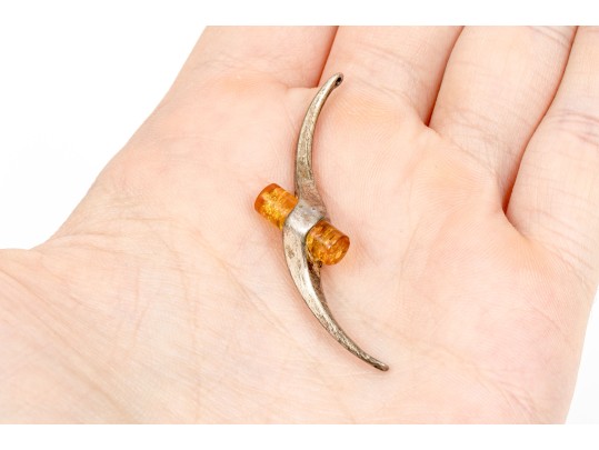 Assorted Lot Of Sterling And 800 Silver Amber Jewelry Pieces, Including A Cuff Bracelet