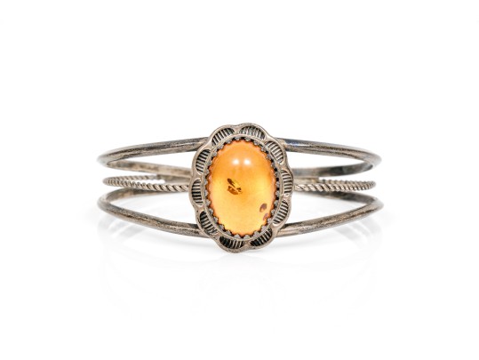 Assorted Lot Of Sterling And 800 Silver Amber Jewelry Pieces, Including A Cuff Bracelet