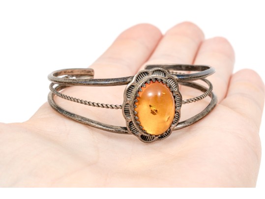 Assorted Lot Of Sterling And 800 Silver Amber Jewelry Pieces, Including A Cuff Bracelet