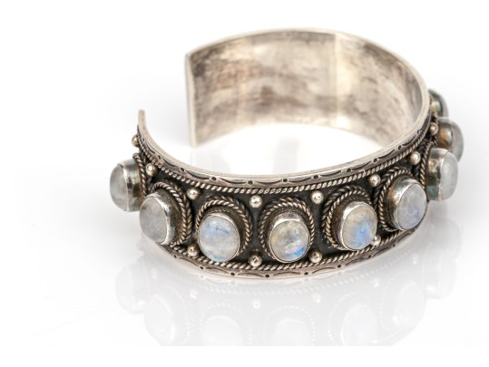 Sterling Silver Fabulous Chunky Cabachon Rainbow Moonstone Studded Cuff Bracelet