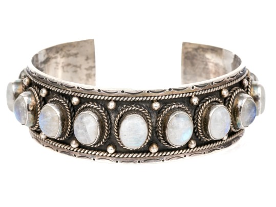 Sterling Silver Fabulous Chunky Cabachon Rainbow Moonstone Studded Cuff Bracelet