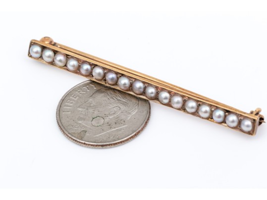 14k Yellow Gold Vintage Simple Seed Pearl Bar Pin