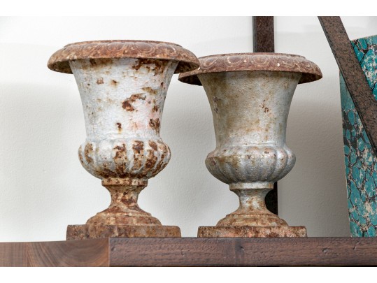 Pair Of Antique Cast Iron Neoclassical Style Diminutive Urns