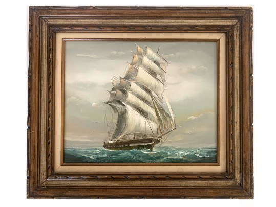 Signed Nautical Oil On Canvas Ship At Sea