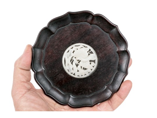 Chinese Carved Tea Tray With Central Carved Jade Or Hardstone Medallion, 20th C. 