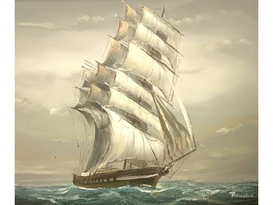 Signed Nautical Oil On Canvas Ship At Sea