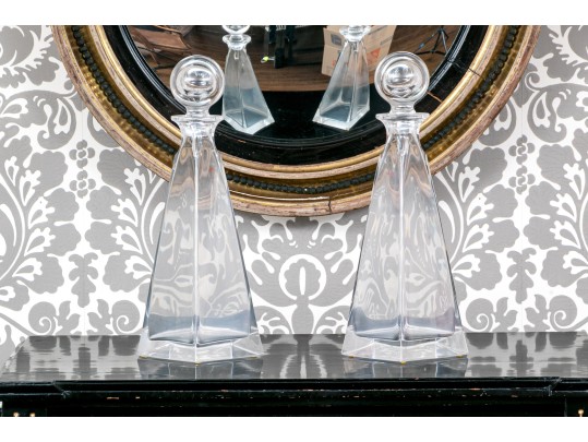Pair Of Italian Colle Pyramidal Form Crystal Decanters With Stoppers
