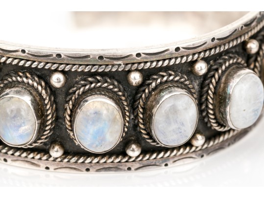 Sterling Silver Fabulous Chunky Cabachon Rainbow Moonstone Studded Cuff Bracelet