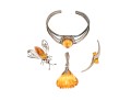 Assorted Lot Of Sterling And 800 Silver Amber Jewelry Pieces, Including A Cuff Bracelet