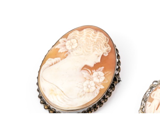 Sterling Silver Lovely Pair Of Vintage Cameo Brooches