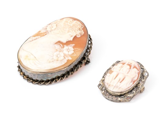 Sterling Silver Lovely Pair Of Vintage Cameo Brooches
