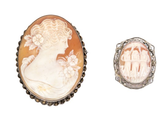 Sterling Silver Lovely Pair Of Vintage Cameo Brooches
