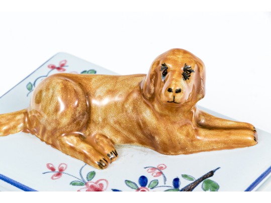 Adorable French Tiffany & Co. Hand-Painted Ceramic Box With Dog Finial