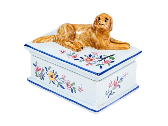 Adorable French Tiffany & Co. Hand-Painted Ceramic Box With Dog Finial