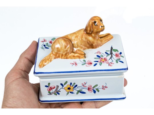 Adorable French Tiffany & Co. Hand-Painted Ceramic Box With Dog Finial