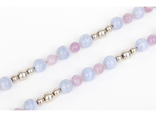 Lovely Sterling Silver, Blue Lace Agate And Amethyst Opera Length Bead Necklace