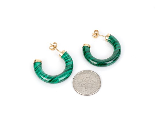 14k Yellow Gold Striking Gold Capped Malachite Round Hoop Earrings