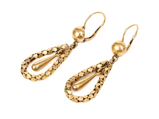 18k Yellow Gold Fun Long Open Pear Shaped Pendant Earrings