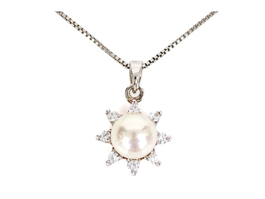 Sterling Silver Classic Faux Pearl And Cz Halo Pendant, With A Box Link Chain