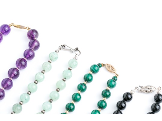 Collection Of Chic Matinee Length Stone Bead Necklaces, Including Amethyst, Aventurine Quartz