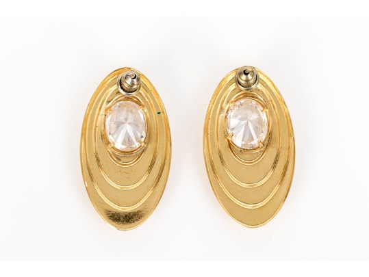 18k Yellow Gold Vintage Large Oval Cz Set Stepped Earrings