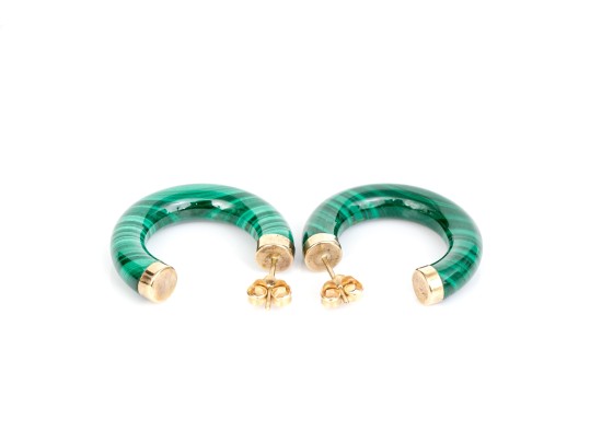14k Yellow Gold Striking Gold Capped Malachite Round Hoop Earrings