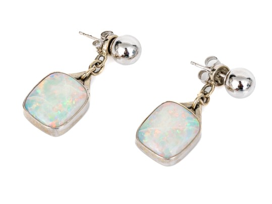 14k White Gold Simple 6.75 Mm Ball Earrings With Beautiful White Opal Double Earrings Jackets