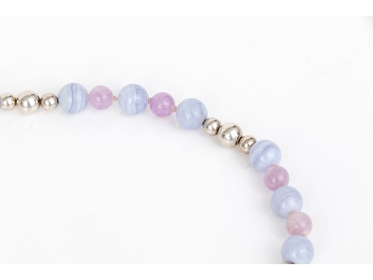 Lovely Sterling Silver, Blue Lace Agate And Amethyst Opera Length Bead Necklace