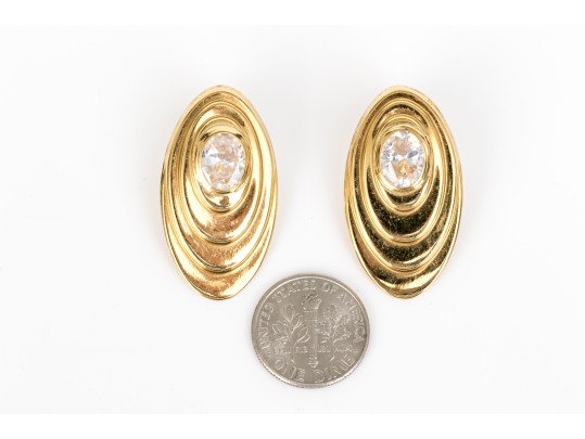 18k Yellow Gold Vintage Large Oval Cz Set Stepped Earrings