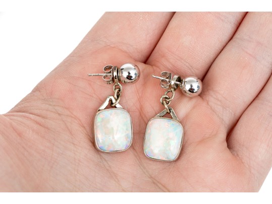 14k White Gold Simple 6.75 Mm Ball Earrings With Beautiful White Opal Double Earrings Jackets