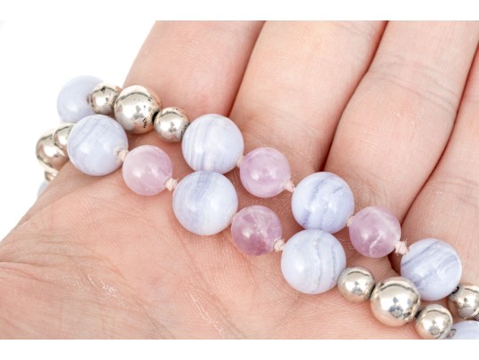 Lovely Sterling Silver, Blue Lace Agate And Amethyst Opera Length Bead Necklace