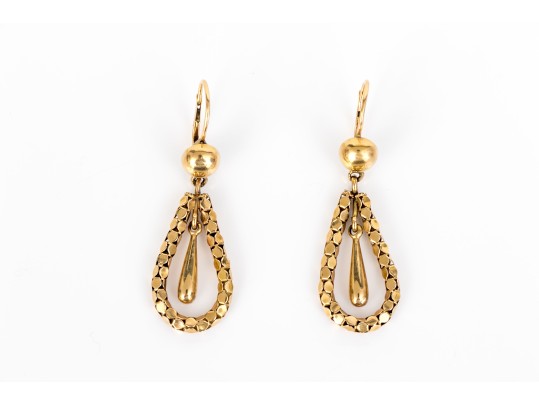 18k Yellow Gold Fun Long Open Pear Shaped Pendant Earrings