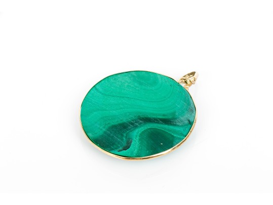 14k Yellow Gold Striking Large Round Green Malachite Pendant, Bezel Set