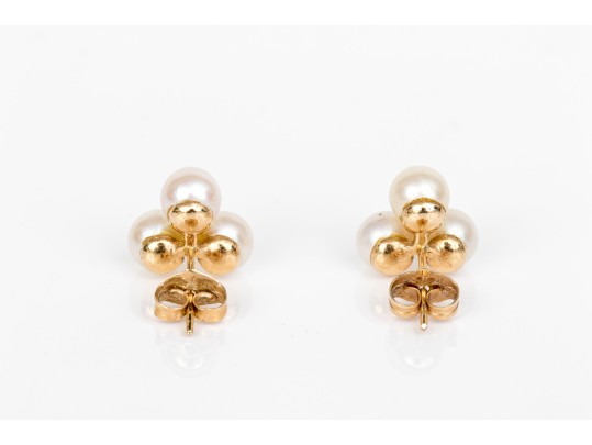 14k Yellow Gold Classic 5.25mm Trefoil Cultured Pearl Earrings, With Diamond Centers