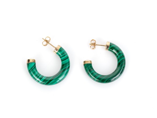 14k Yellow Gold Striking Gold Capped Malachite Round Hoop Earrings
