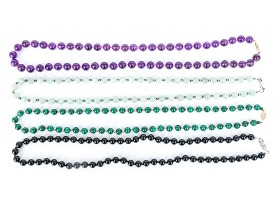 Collection Of Chic Matinee Length Stone Bead Necklaces, Including Amethyst, Aventurine Quartz
