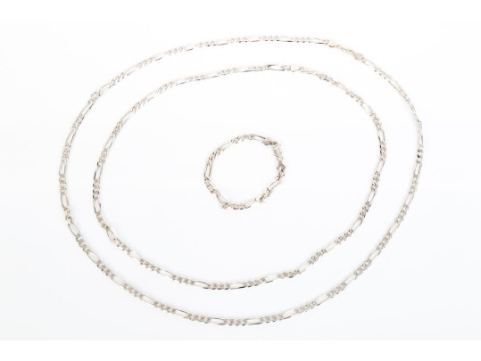 Collection Of Matching Sterling Silver Figaro Link Necklaces, And Bracelet